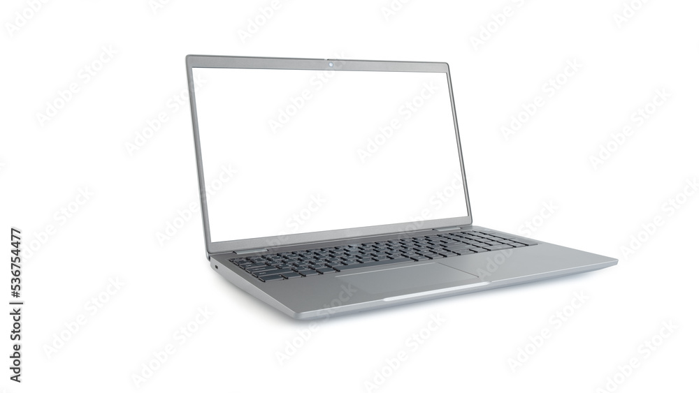 Front view of a gray laptop with a blank white screen, text input, isolated on white background. with cutting path Front view of a gray laptop with a blank white screen, text input, isolated on white background. with cutting path