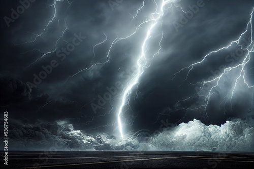 Gray sky with stormy black clouds and bright lightning discharges over a body of water 3D illustration