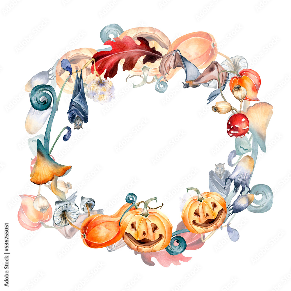 Fototapeta premium Halloween wreath with colorful pumpkins watercolor illustration isolated on white.