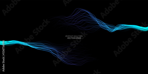 AI Artificial intelligence wave lines neural network purple blue and green light isolated on black background. Vector in concept of technology, machine learning, A.I.