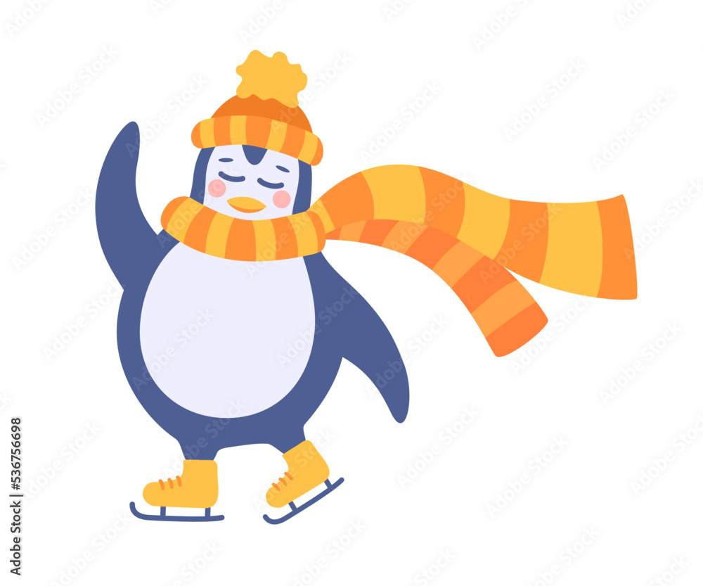 Obraz premium Isolated penguin ice skating. Cute little penguin baby. Warm knit clothes. Sport and leisure concept. Vector illustration