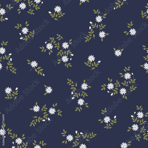 seamless vintage pattern. small white flowers and green leaves. dark blue background. vector texture. fashionable print for textiles and wallpaper.