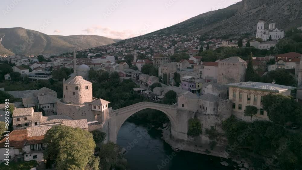 Aerial view of city of Mostar and Stari Most, from a drone Aerial view of city of Mostar and Stari Most, from a drone