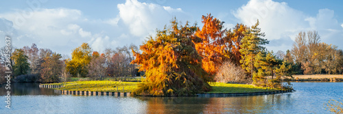 Island with colored bald cypress trees and artificial pond in the Parc Floral in Bordeaux, France