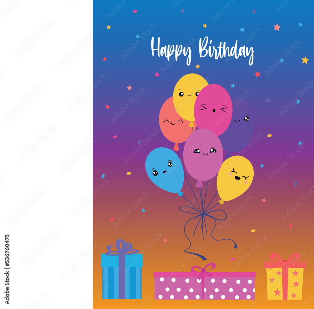 Balloons with congratulations inscription and gift boxes. Colorful balloons in kawaii style. Vector illustration