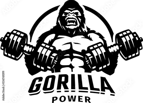Gorilla with two dumbbells. Bodybuilding and fitness logo. Vector illustration.