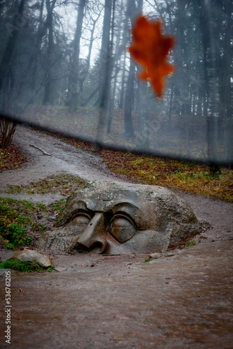 Obraz na płótnie Mysterious stone head in the forest near St. Petersburg (Russia) w salonie