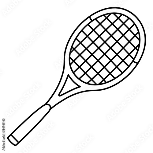 Tennis racquet. Badminton. Sport equipment line sketch. Hand drawn doodle outline icon. Black and white freehand fitness illustration © Ramziia