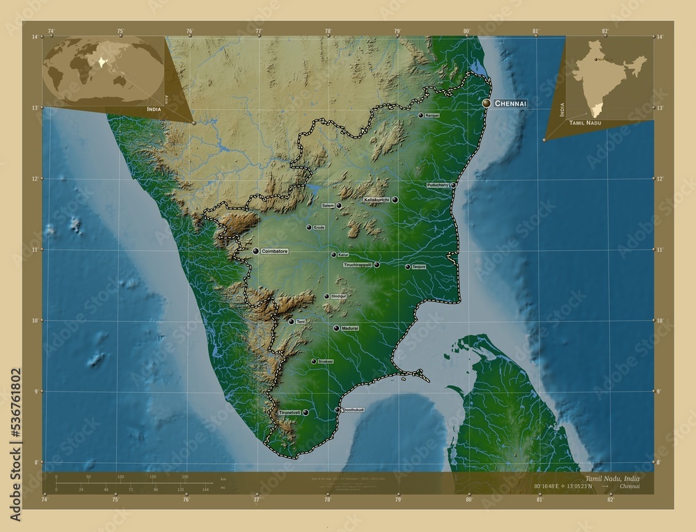 Tamil Nadu India Physical Labelled Points Of Cities Stock tamil-nadu-india-physical-labelled-points-of-cities-stock