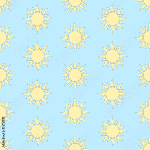 Sun seamless pattern. Vector stylized elements on blue background. Best for textile, wallpapers, home decoration, wrapping paper, package and web design.