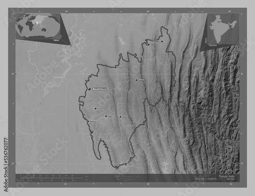 Tripura, India. Grayscale. Labelled points of cities photo