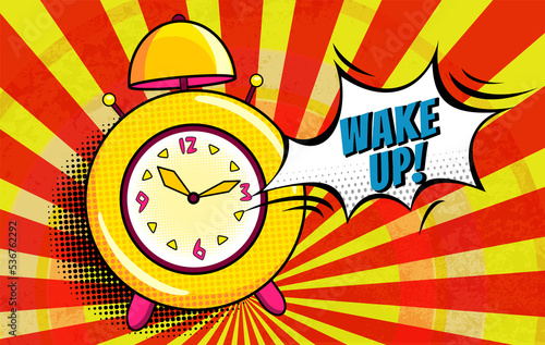 Comic alarm clock. Pop art colorful and dynamic cartoonish icon in retro style.  bright cartoon object with halftone dots shadow and expression wake up in speech bubble