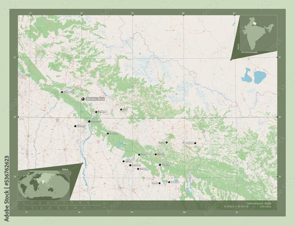 Fototapeta premium Uttarakhand, India. OSM. Labelled points of cities