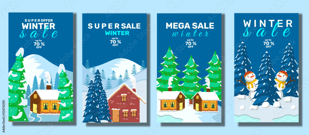 Hand drawn winter , Flat design winter, sale in winter, instagram stories winter template christmas vector design with house, snow, mountain and tree