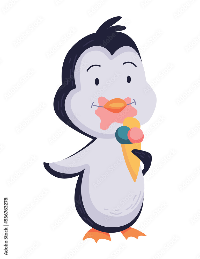 Fototapeta premium Cute penguin stands with icecream and eating. Funny draw character in cartoon style. Adorable wild animal