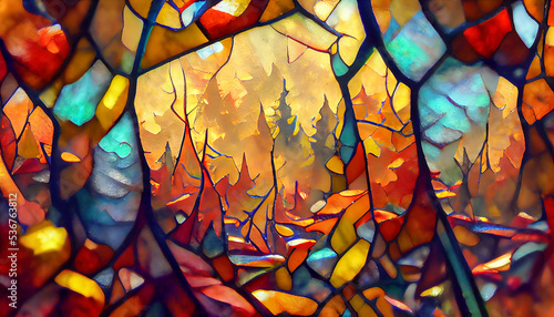 autumn forest. Colorful stained glass window. Abstract stained-glass background. Art Nouveau decoration for interior. Vintage pattern.