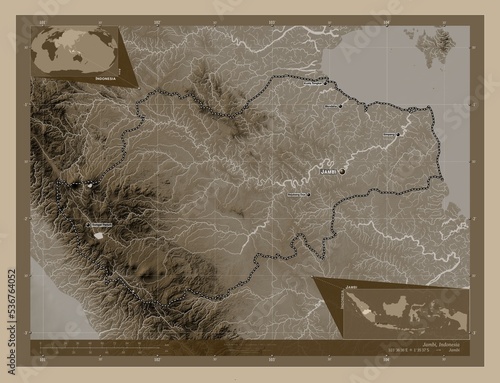 Jambi, Indonesia. Sepia. Labelled points of cities photo