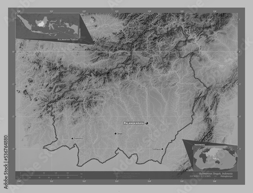 Kalimantan Tengah, Indonesia. Grayscale. Labelled points of cities photo