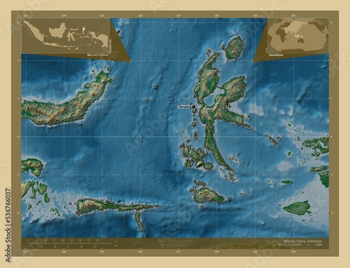 Maluku Utara, Indonesia. Physical. Labelled points of cities photo