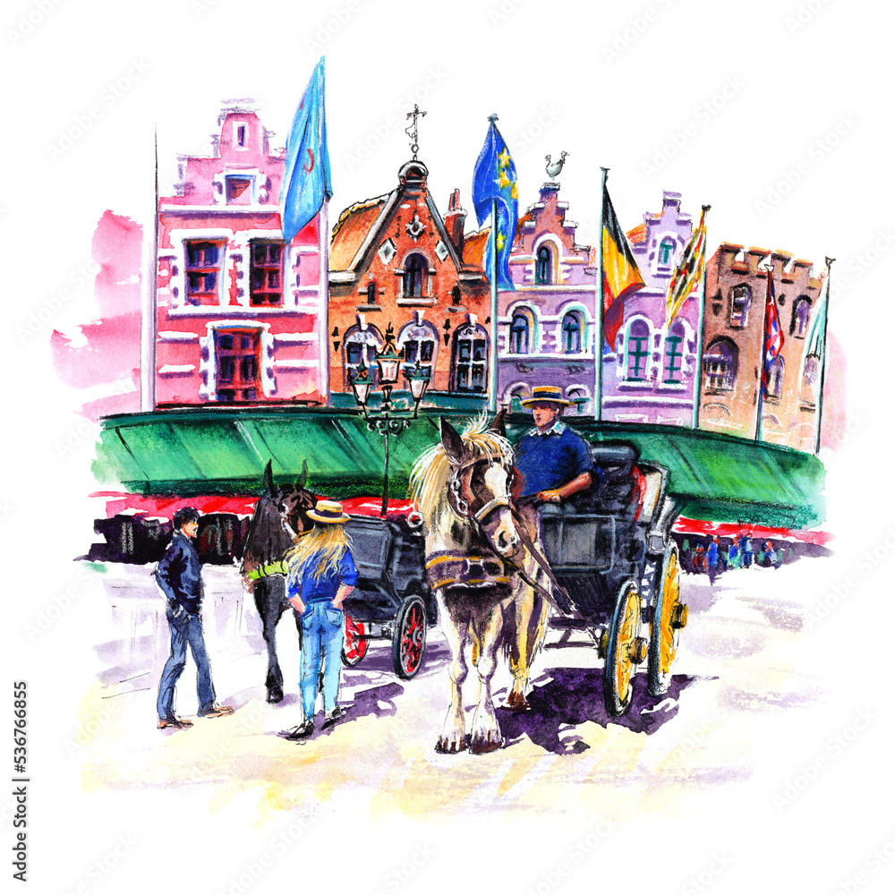 Naklejka premium Watercolor sketch of Horse carriage on Markt square in Brugge, Belgium.