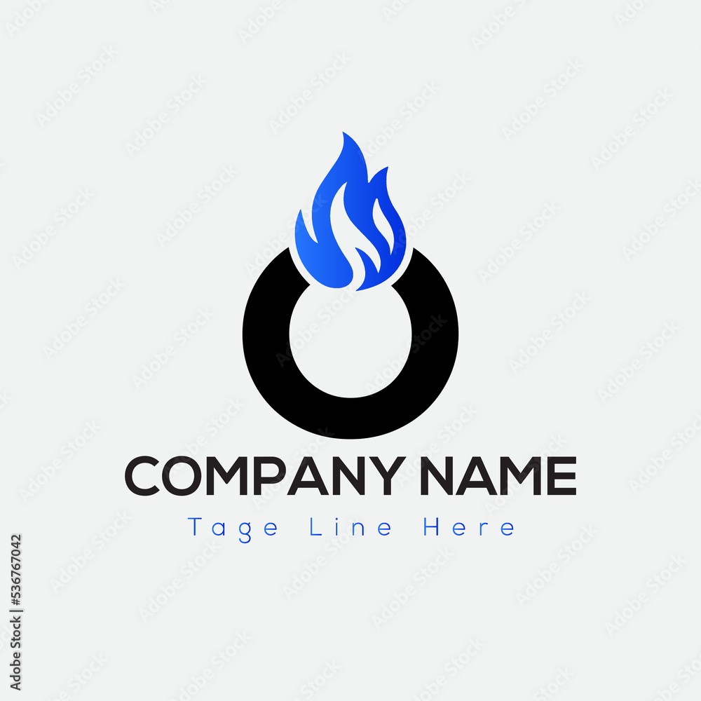Blue Fire Logo On Letter O Template. Blue Fire On O Letter, Initial