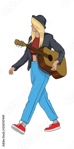 Young fashionable woman with guitar walking