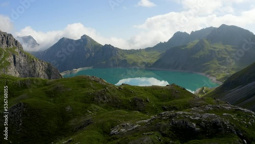 Aerial view of the Lünersee in the Austrian Alps.