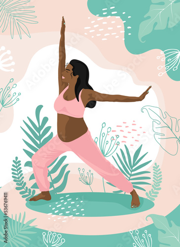 Pregnant african american woman Meditating in Nature. Peaceful person practicing Yoga, spiritual Meditation surrounded by Plant leaves. Harmony and peace concept. Flat vector illustration. 