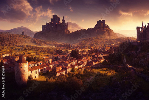 A beautiful valley old medieval fantasy town and castle concept art