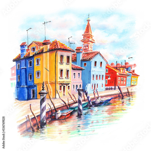 Watercolor sketch of canal and bright houses on island Burano, Venice, Italy.