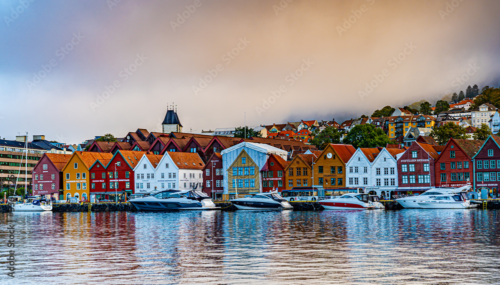 View of historical buildings in Bryggen - Bergen, Norway, UNESCO World Heritage