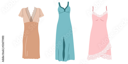 Set women's dress or nightgown front view. Casual style. Vector illustration.