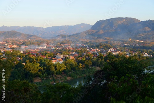 Stunning sunset and view of the town from the top of the Phousi Hill in Luang Prabang, Laos