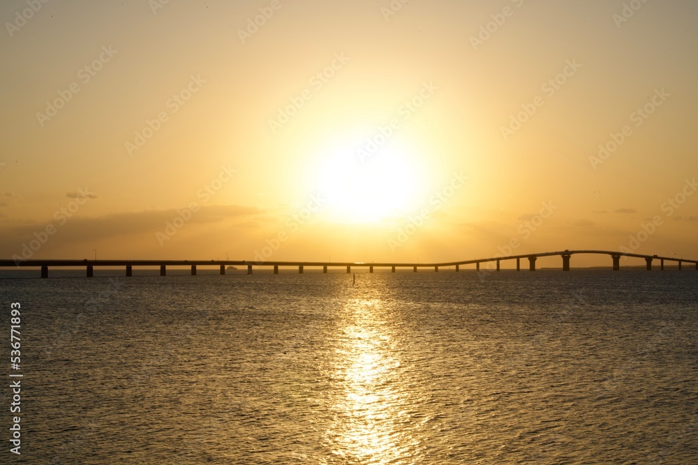 Irabu Bridge and the golden sunset scenery of Miyako Island