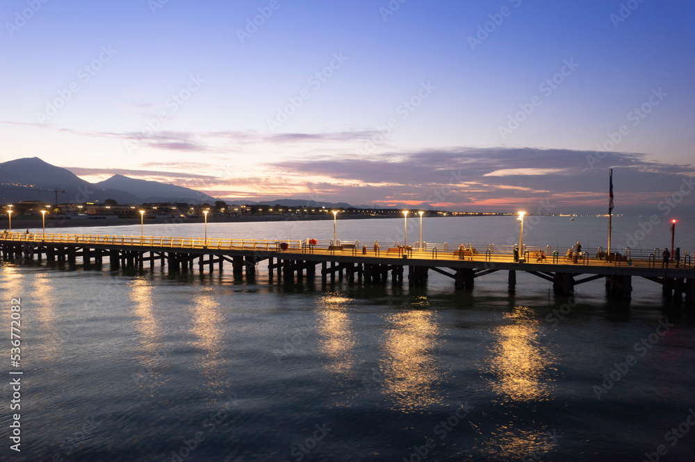 Night aerial view of the pier of Forte dei Marmi Tuscany Italy