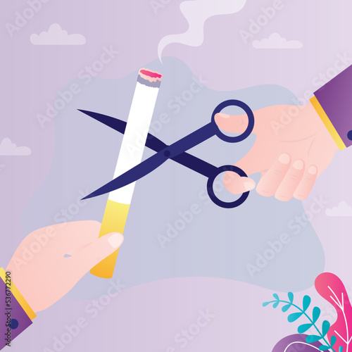 Male hands cut cigarette in half with scissors. Man successfully gave up bad habit. Person refused nicotine containing drugs