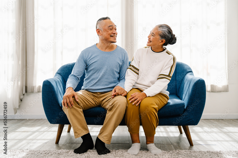 Elderly man and woman at home sitting together on the couch with happy, comfortable and relationship lifestyle. Senior Asian couple enjoying free time with smile, hug and love on couch in living room Elderly man and woman at home sitting together on the couch with happy, comfortable and relationship lifestyle. Senior Asian couple enjoying free time with smile, hug and love on couch in living room