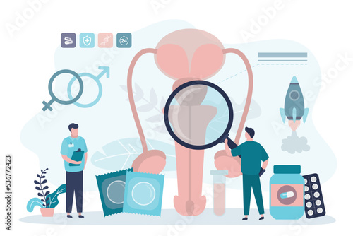 Urologist with magnifying glass examining patient genitals. Andrologist diagnoses erectile dysfunction in man