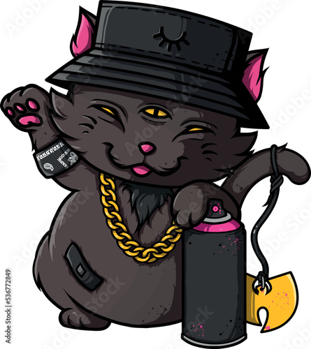 Cute Cat maneki neko, graffiti art black cat with three eyes in old school with a  pink spray of paint. sticker, emoji, emoticon