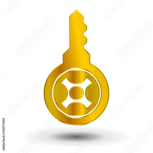 golden key logo icon with combination key and tires or steering wheel on white background