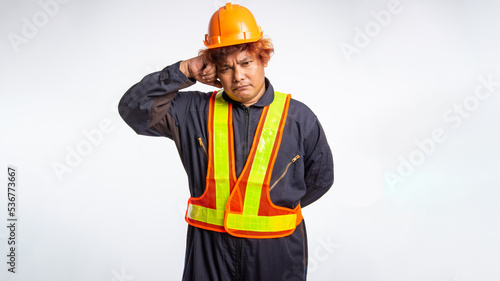 Portrait male laborers wearing suits and shirts with helmets.