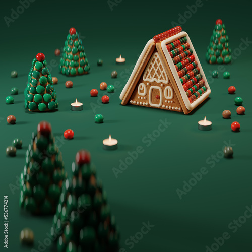 Gingerbread house and cookies in the form of Christmas trees in candies on a green background with a place for text. 3d render illustration