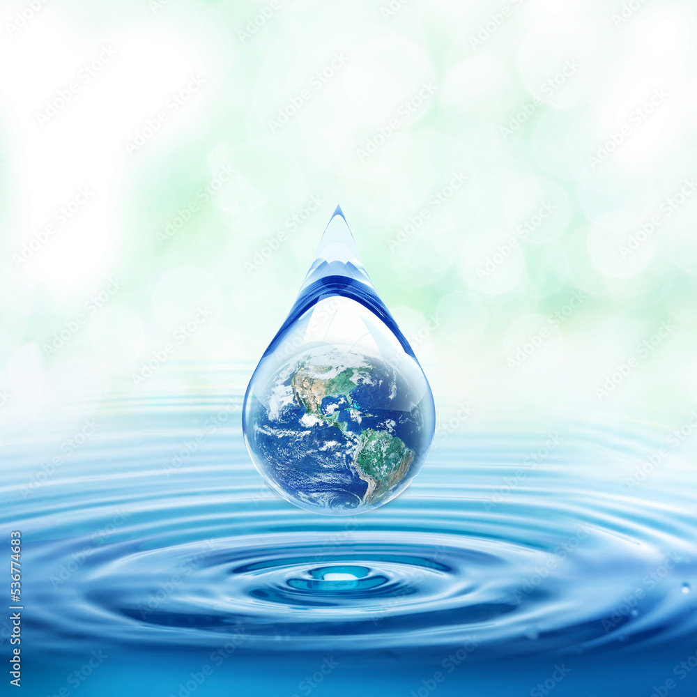 World Water day concept with world in clean water drop on and fresh blue water ripples design, Environment save and ecology theme concept ,Elements of this image furnished by NASA - obrazy, fototapety, plakaty 