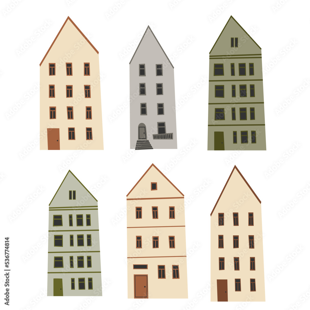 Autumn city creator clipart, fall park vector illustrations, small houses in Scandinavian style and colorful trees in flat style.