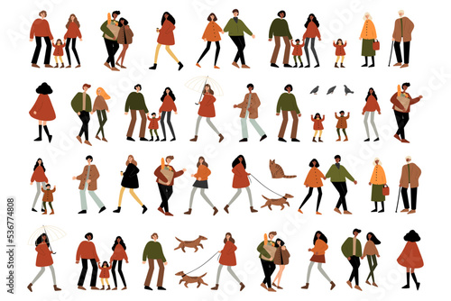 Autumn walking people vector illustrations clipart, girl, guy, couple, family, child, elderly people, old people, cat, dog, pigeons in flat style.