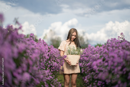 Woman with a bouquet of flowers in a basket in a field