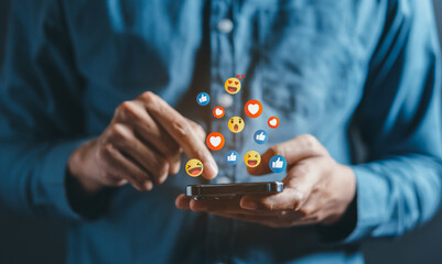Man using social media and digital online, man using smart phone with Social media. concept of living on vacation and playing social media. online marketing, technology network concept.