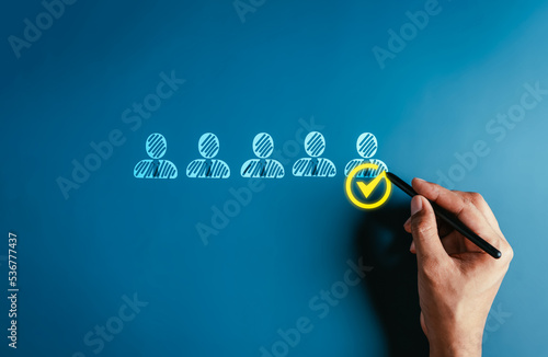 Fotobehang HRM or Human Resource Management, Hand tick or selective and accept to manager icon which is among staff icons for human development recruitment leadership and customer target group concept