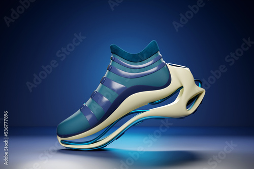 Blue sneaker  on the sole. The concept of bright fashionable sneakers, 3D rendering. © Виталий Сова