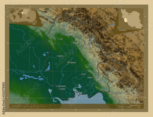 Khuzestan, Iran. Physical. Labelled points of cities photo